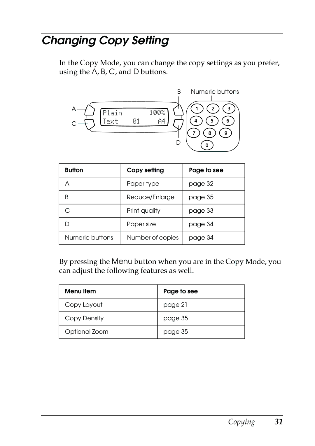 Epson RX500 manual Changing Copy Setting, Plain 100% Text 