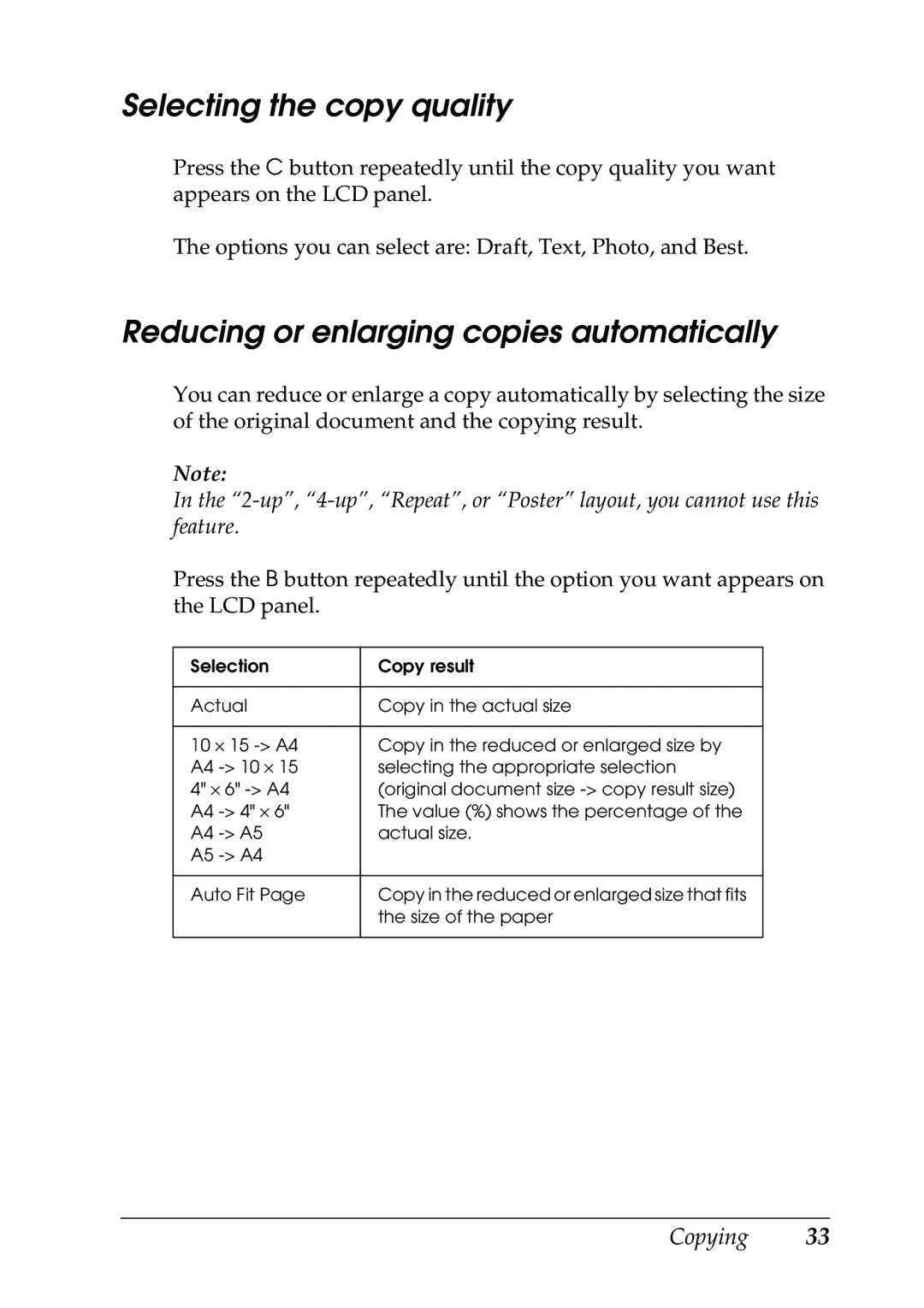 Epson RX500 manual Selecting the copy quality, Reducing or enlarging copies automatically 