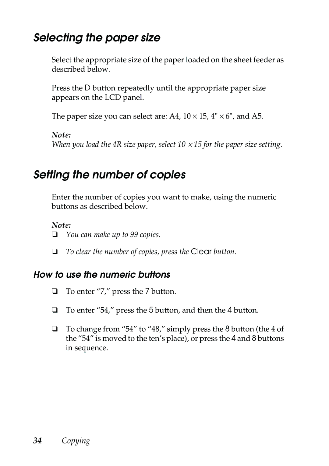 Epson RX500 manual Selecting the paper size, Setting the number of copies, How to use the numeric buttons 