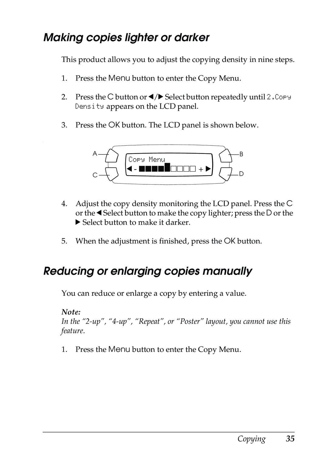 Epson RX500 Making copies lighter or darker, Reducing or enlarging copies manually 