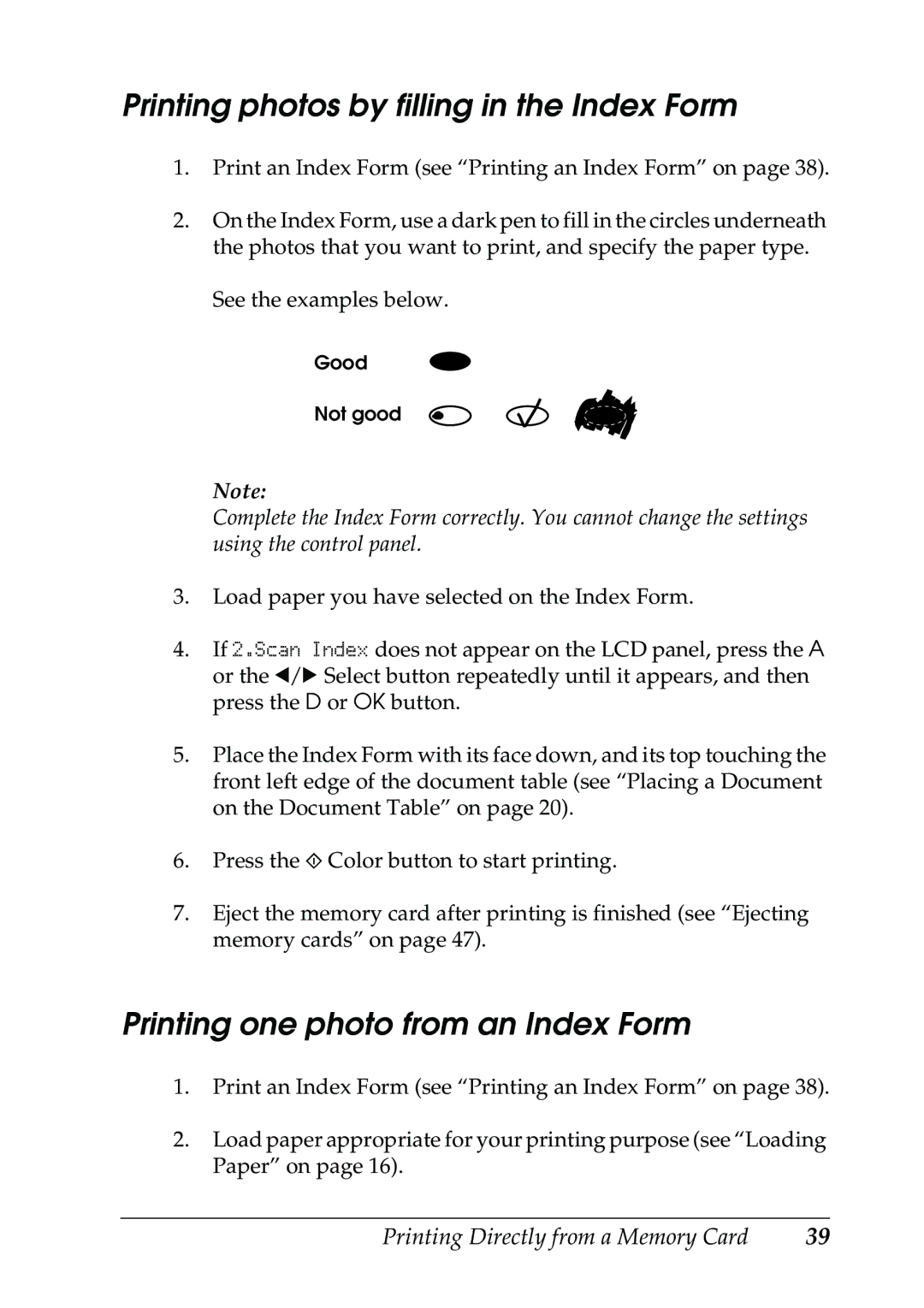 Epson RX500 manual Printing photos by filling in the Index Form, Printing one photo from an Index Form 