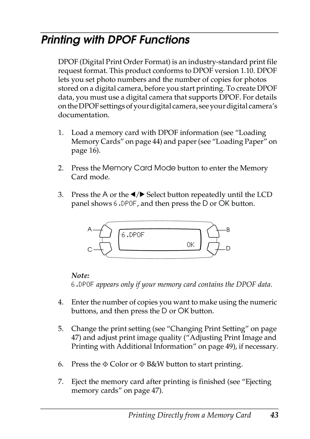 Epson RX500 manual Printing with Dpof Functions 