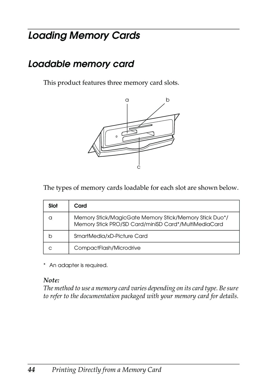 Epson RX500 manual Loading Memory Cards, Loadable memory card 