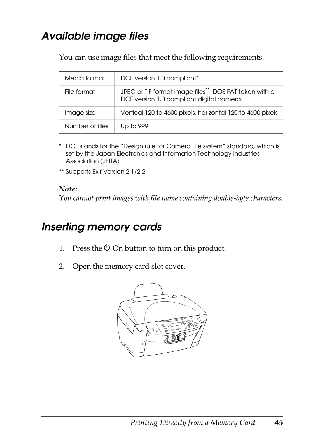 Epson RX500 manual Available image files, Inserting memory cards 