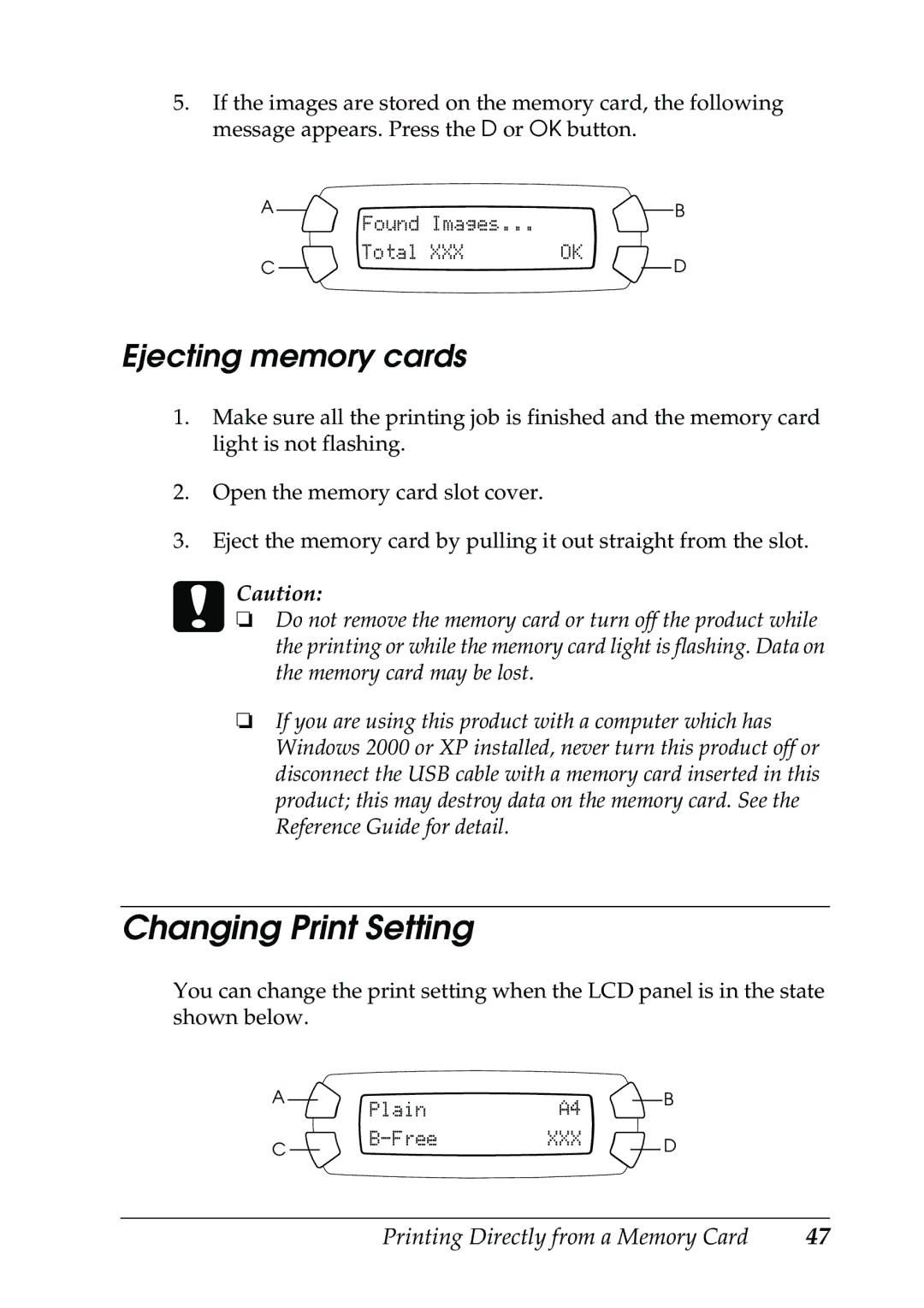 Epson RX500 manual Changing Print Setting, Ejecting memory cards 