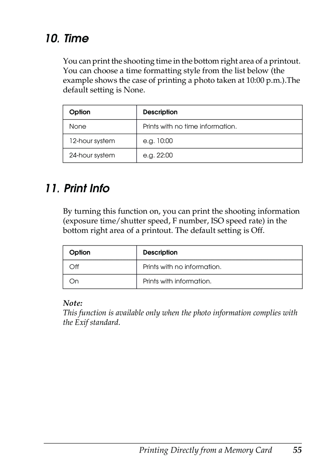 Epson RX500 manual Time, Print Info 