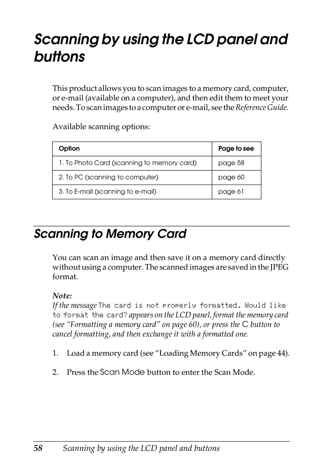 Epson RX500 manual Scanning by using the LCD panel and buttons, Scanning to Memory Card 