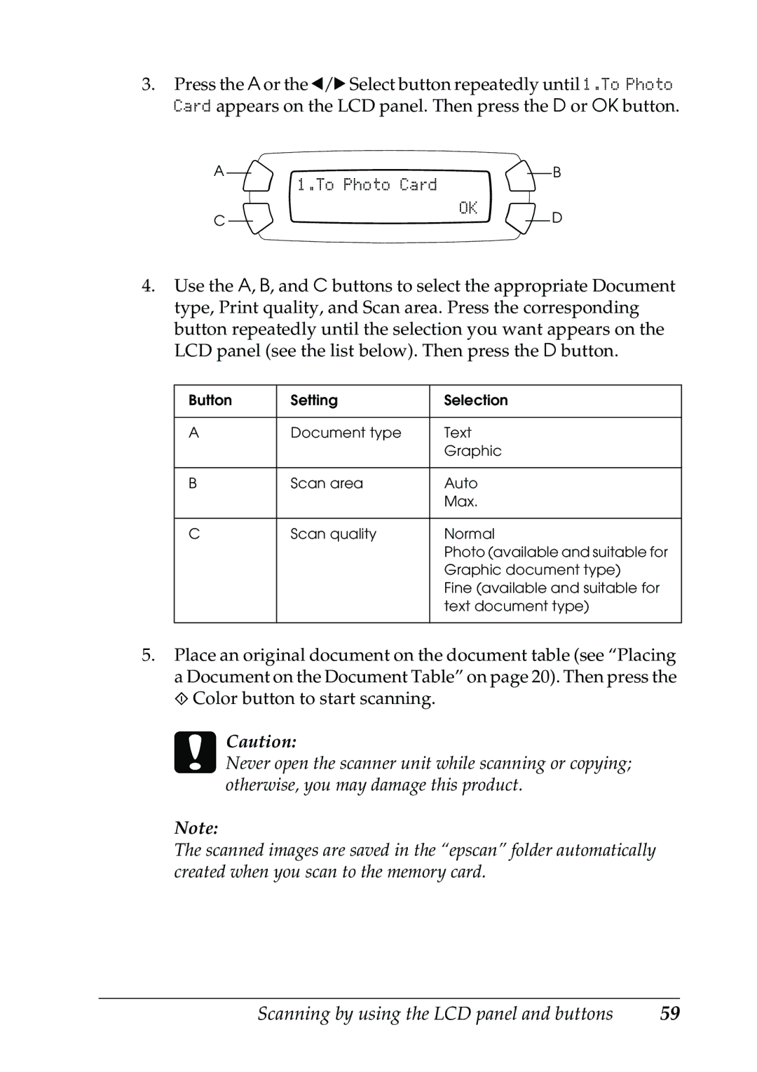 Epson RX500 manual Scanning by using the LCD panel and buttons 