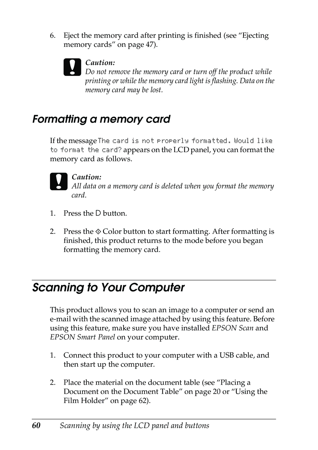 Epson RX500 manual Scanning to Your Computer, Formatting a memory card 