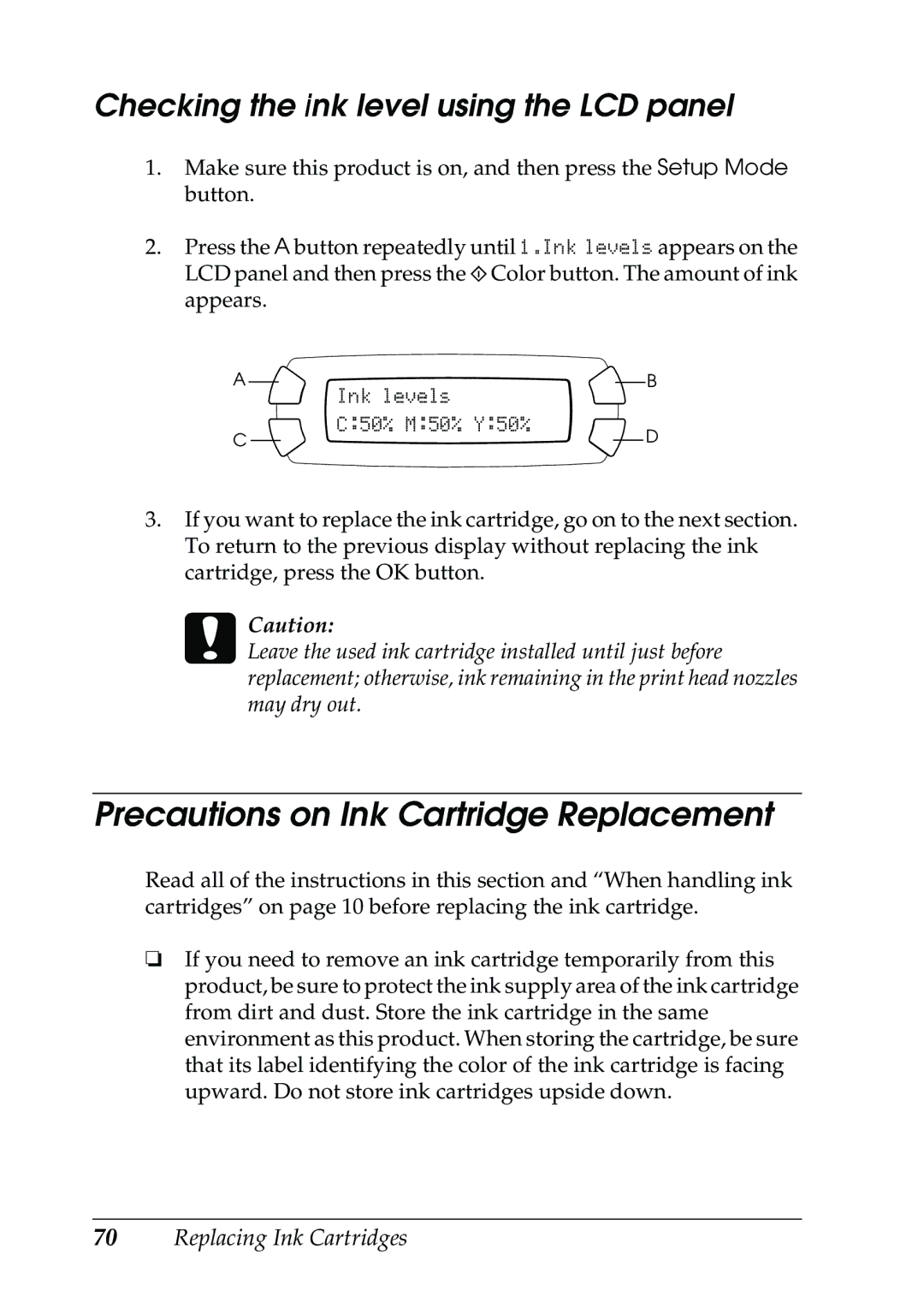 Epson RX500 manual Precautions on Ink Cartridge Replacement, Checking the ink level using the LCD panel 