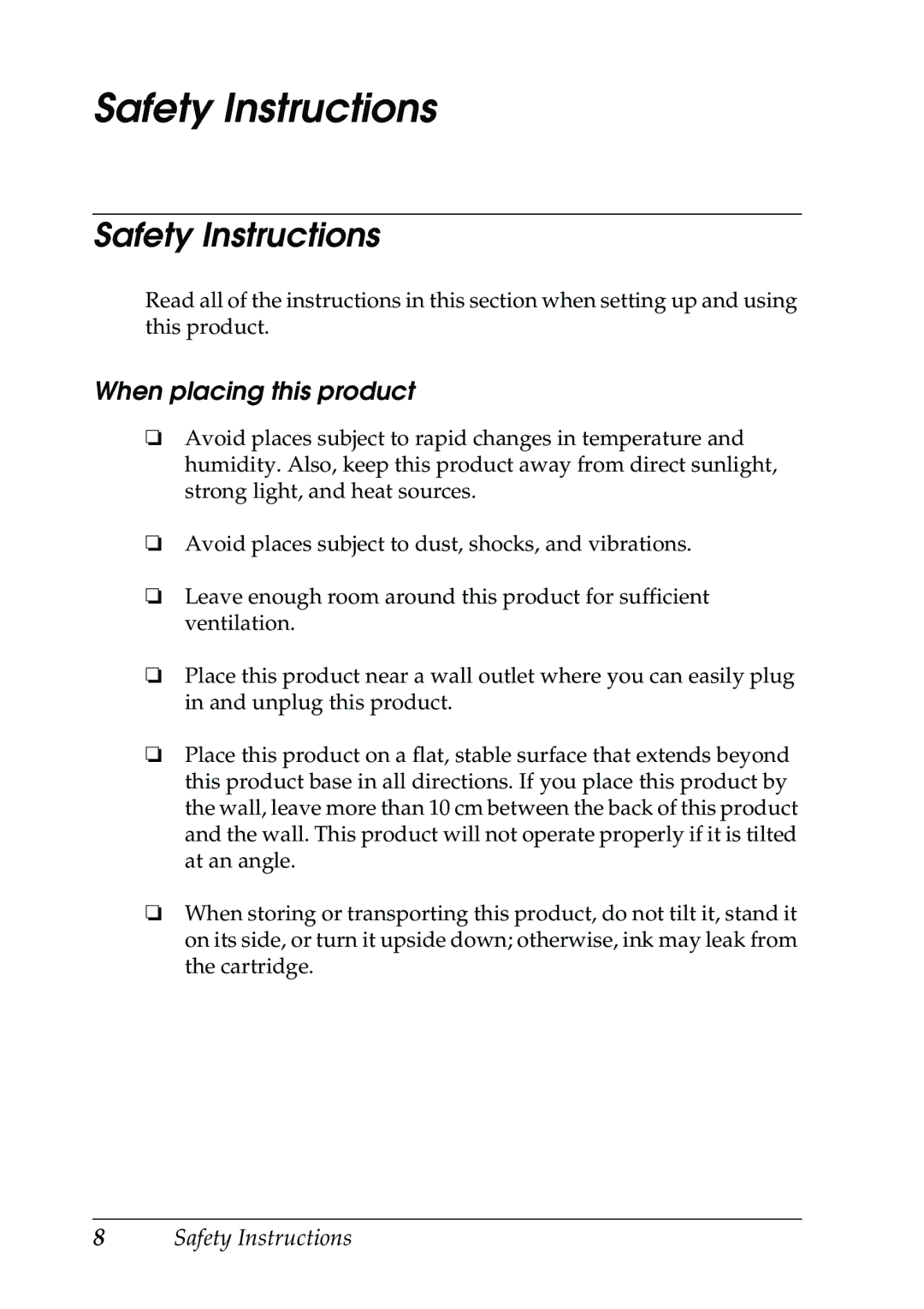 Epson RX500 manual Safety Instructions, When placing this product 