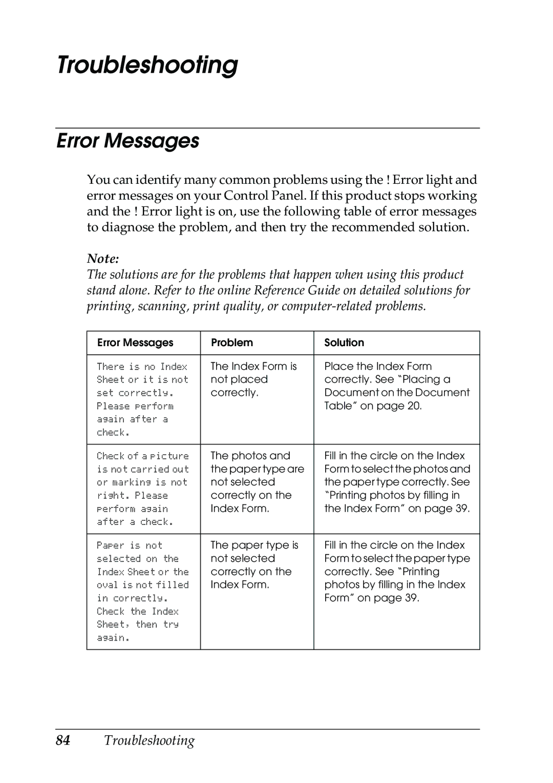 Epson RX500 manual Troubleshooting, Error Messages 