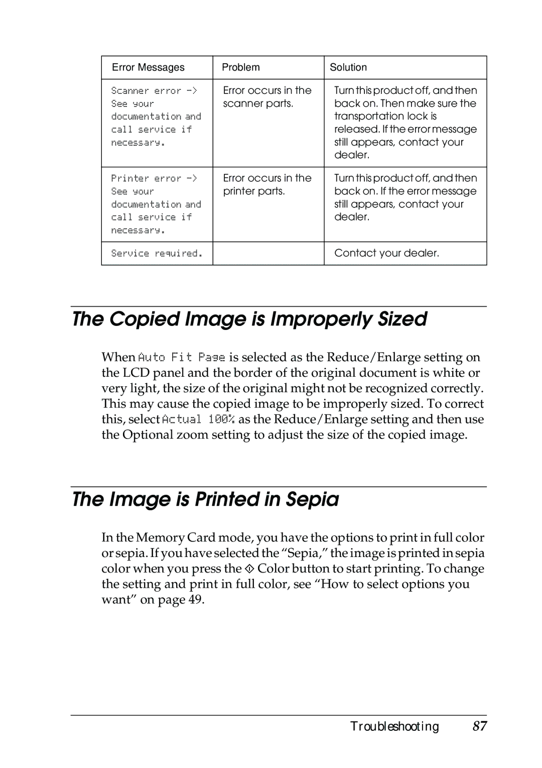 Epson RX500 manual Copied Image is Improperly Sized 