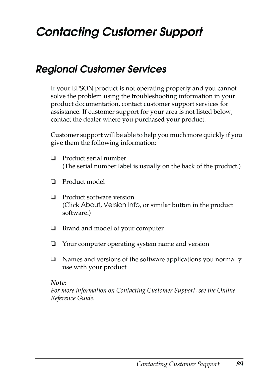 Epson RX500 manual Contacting Customer Support, Regional Customer Services 