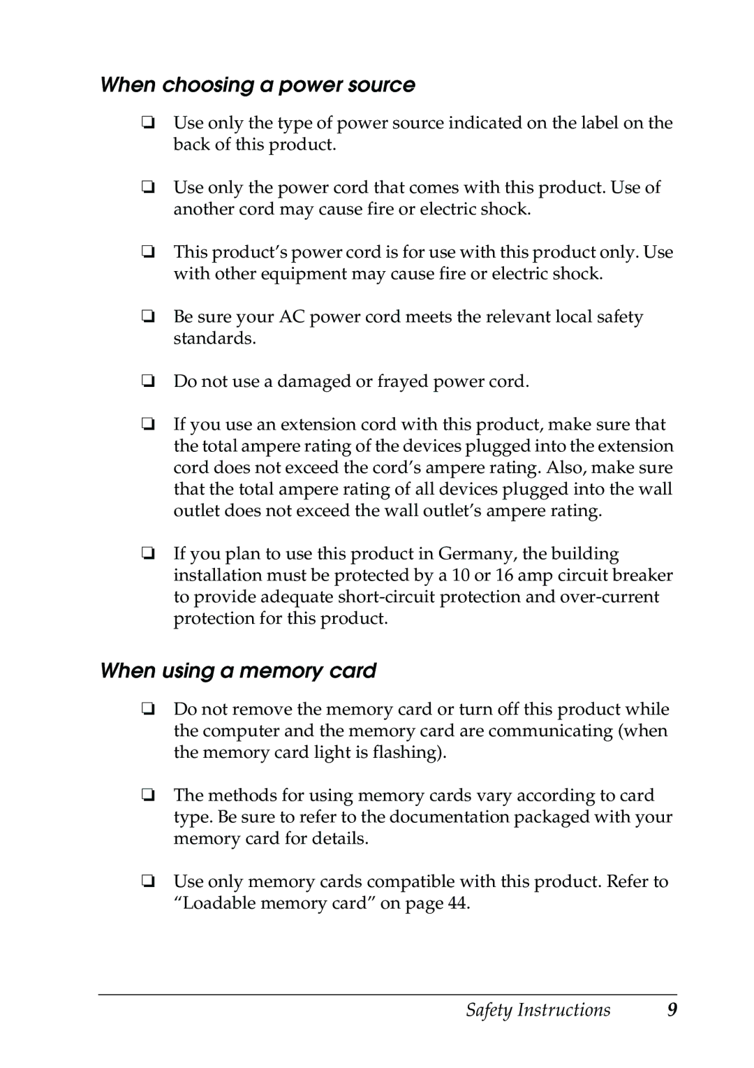 Epson RX500 manual When choosing a power source, When using a memory card 