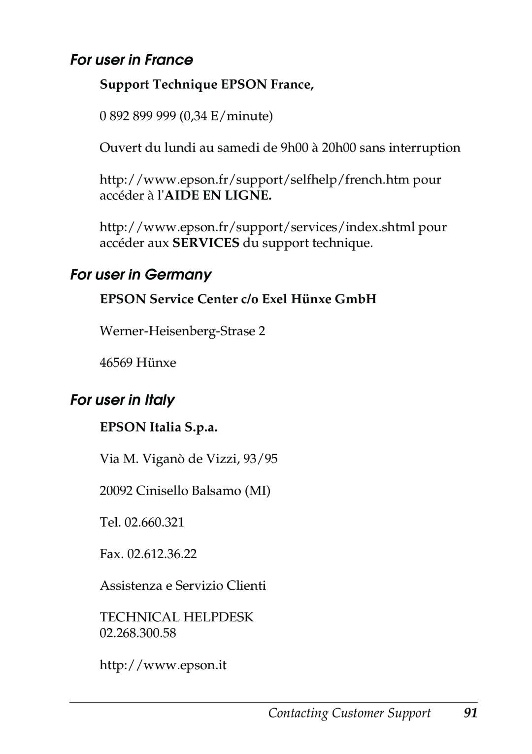 Epson RX500 manual For user in France, For user in Germany, For user in Italy 