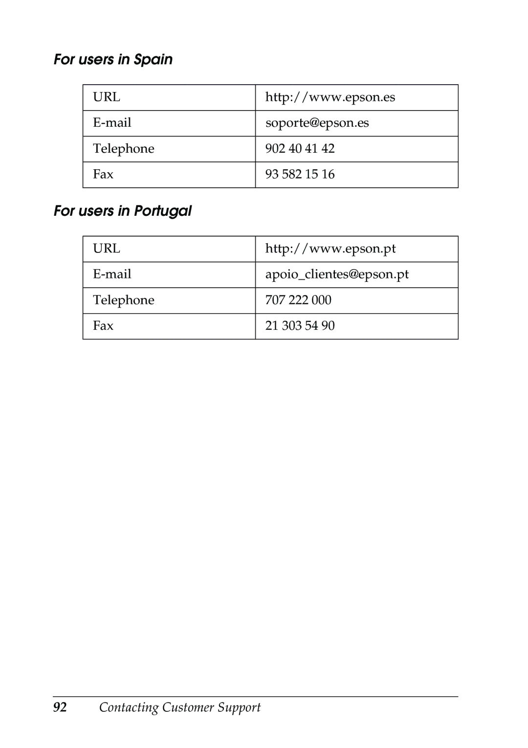 Epson RX500 manual For users in Spain, For users in Portugal 