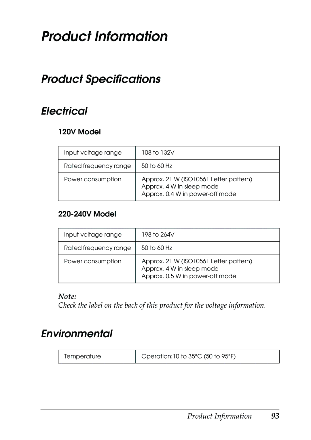 Epson RX500 manual Product Information, Product Specifications, Electrical, Environmental 