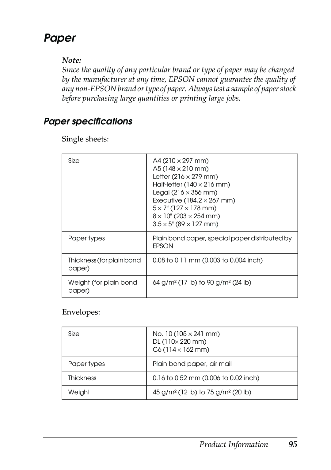 Epson RX500 manual Paper specifications 