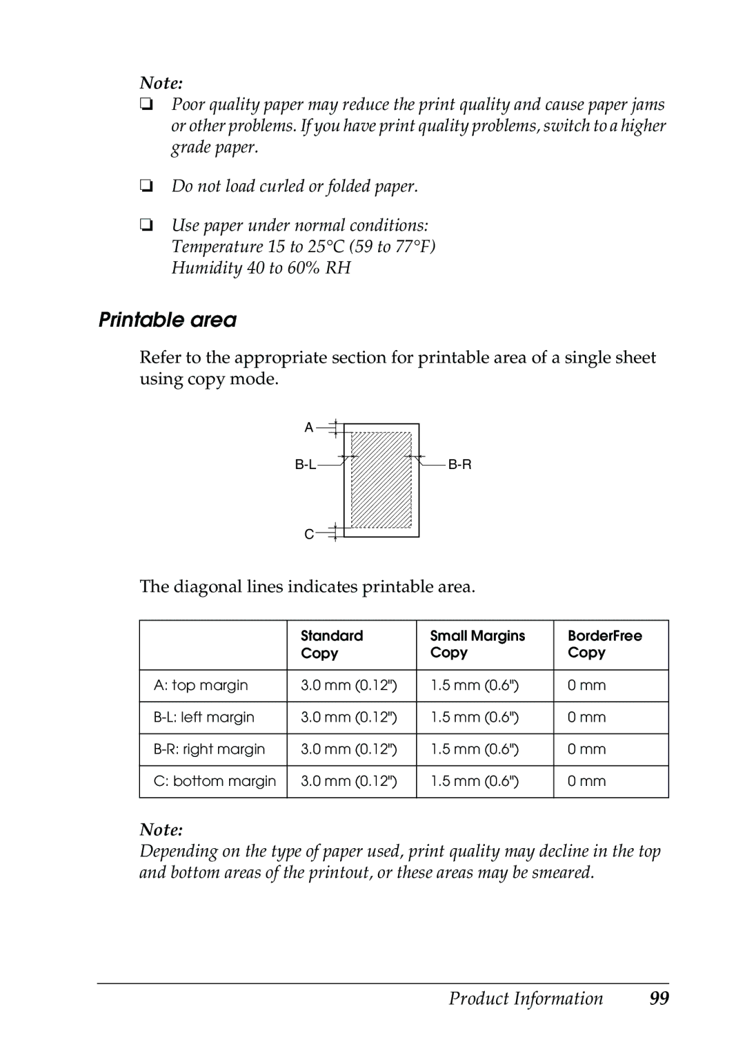 Epson RX500 manual Printable area 