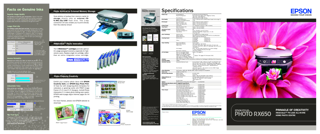 Epson RX650 specifications Photo Archival to External Memory Storage, INKdividualTM Photo Innovation 