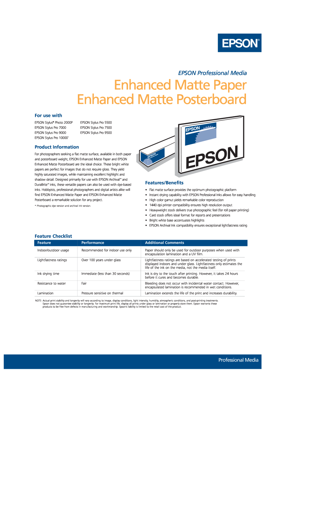 Epson S041603 manual Enhanced Matte Paper Enhanced Matte Posterboard, Epson, EPSON Professional Media, For use with 