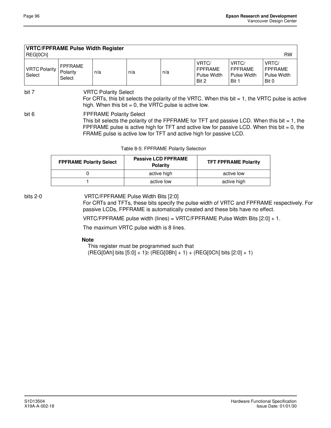 Epson S1D13504 VRTC/FPFRAME Pulse Width Register, REG0Ch, Fpframe Vrtc, Vrtc Polarity, Polarity Select Pulse Width Bit 