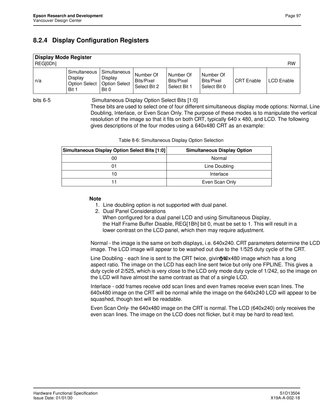 Epson S1D13504 manual Display Configuration Registers, Display Mode Register, Simultaneous Display Option Select Bits 