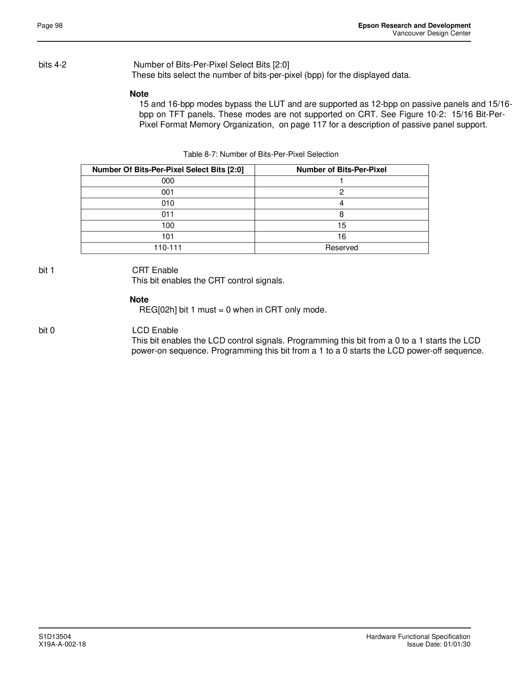 Epson S1D13504 manual Number of Bits-Per-Pixel Selection 