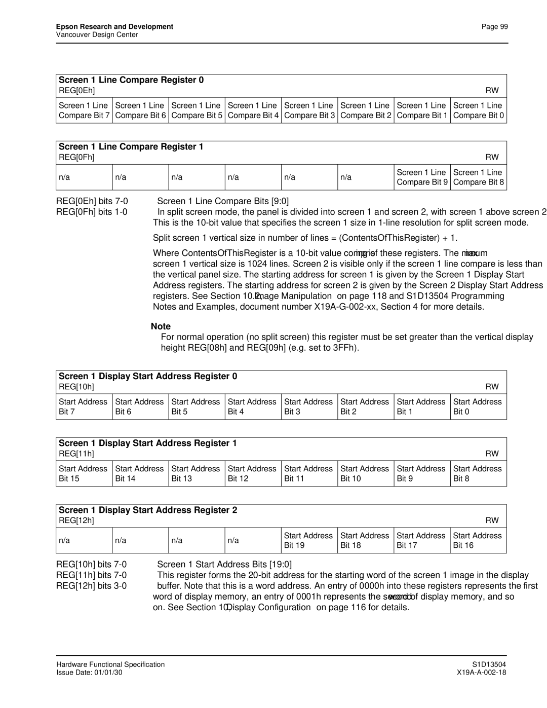 Epson S1D13504 manual Screen 1 Line Compare Register, Screen 1 Display Start Address Register 