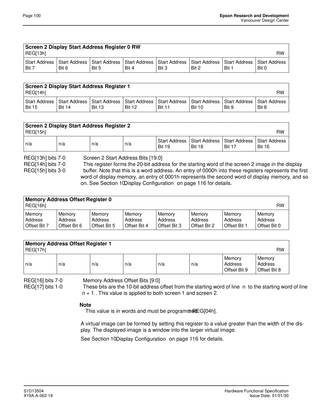Epson S1D13504 manual Screen 2 Display Start Address Register 0 RW, Memory Address Offset Register 
