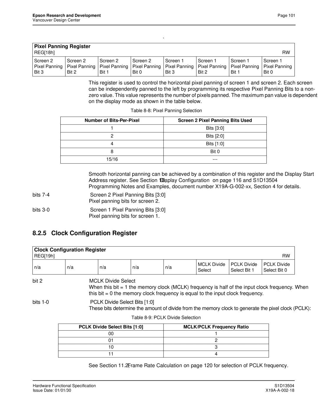 Epson S1D13504 Clock Configuration Register, Pixel Panning Register, Pclk Divide Select Bits MCLK/PCLK Frequency Ratio 