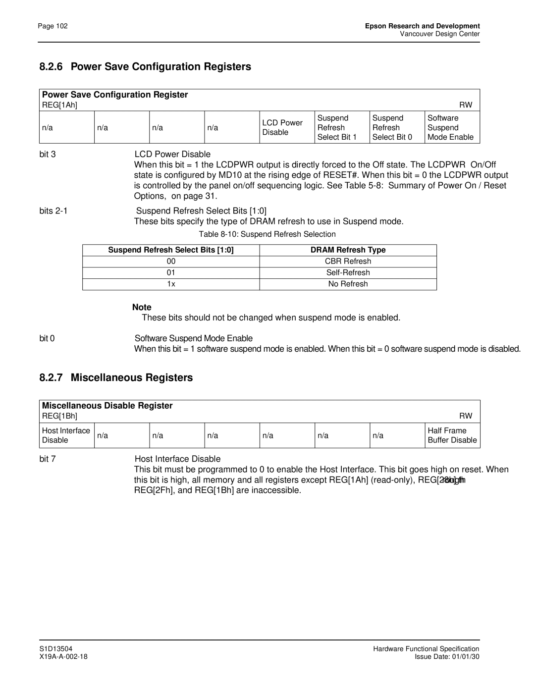 Epson S1D13504 manual Power Save Configuration Registers, Miscellaneous Registers, Miscellaneous Disable Register 