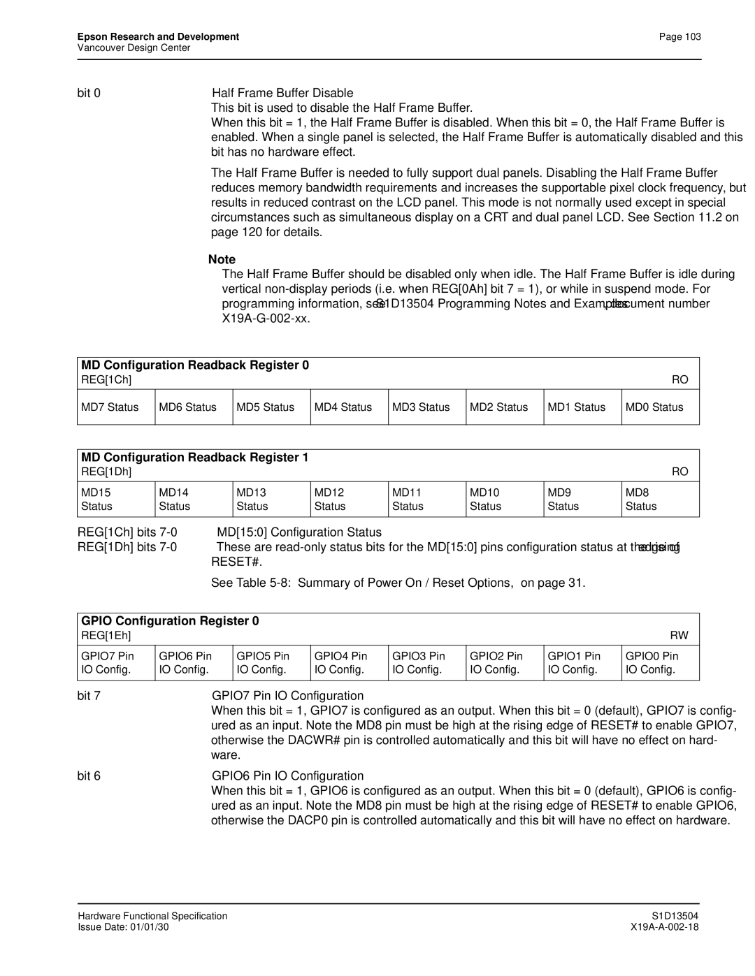 Epson S1D13504 manual MD Configuration Readback Register, Gpio Configuration Register, REG1Dh MD15 MD14 MD13 MD12 MD11 MD10 