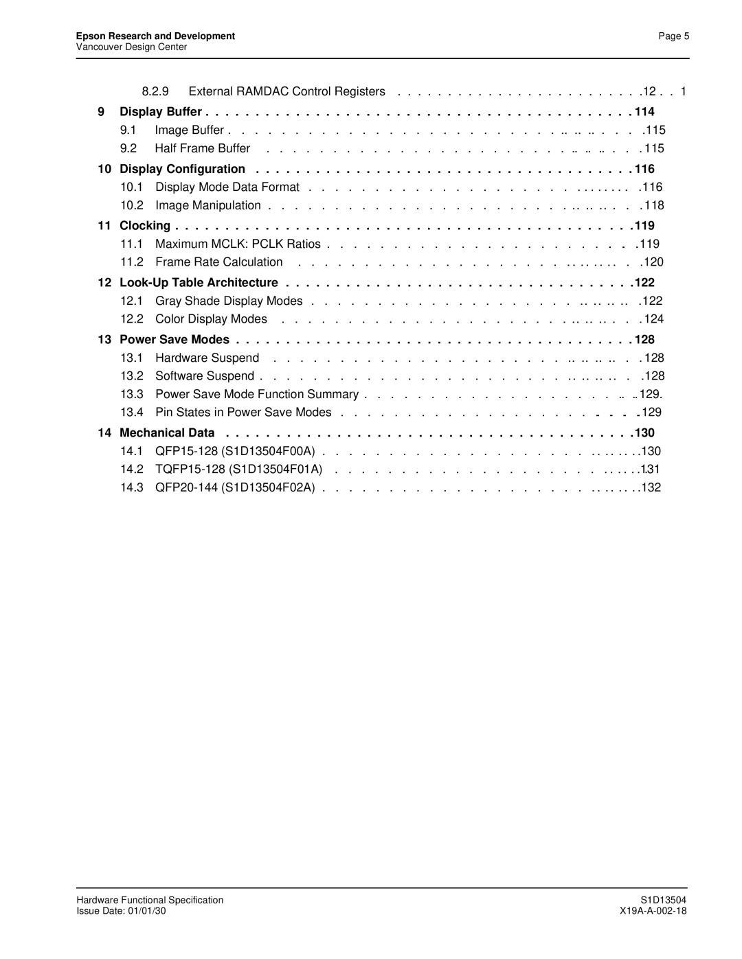 Epson S1D13504 Display Buffer, Display Configuration 116, Clocking 119, Look-Up Table Architecture 122, Mechanical Data 