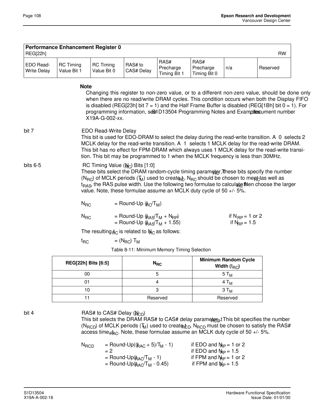 Epson S1D13504 manual Performance Enhancement Register, REG22h EDO Read RC Timing RAS# to, REG22h Bits 