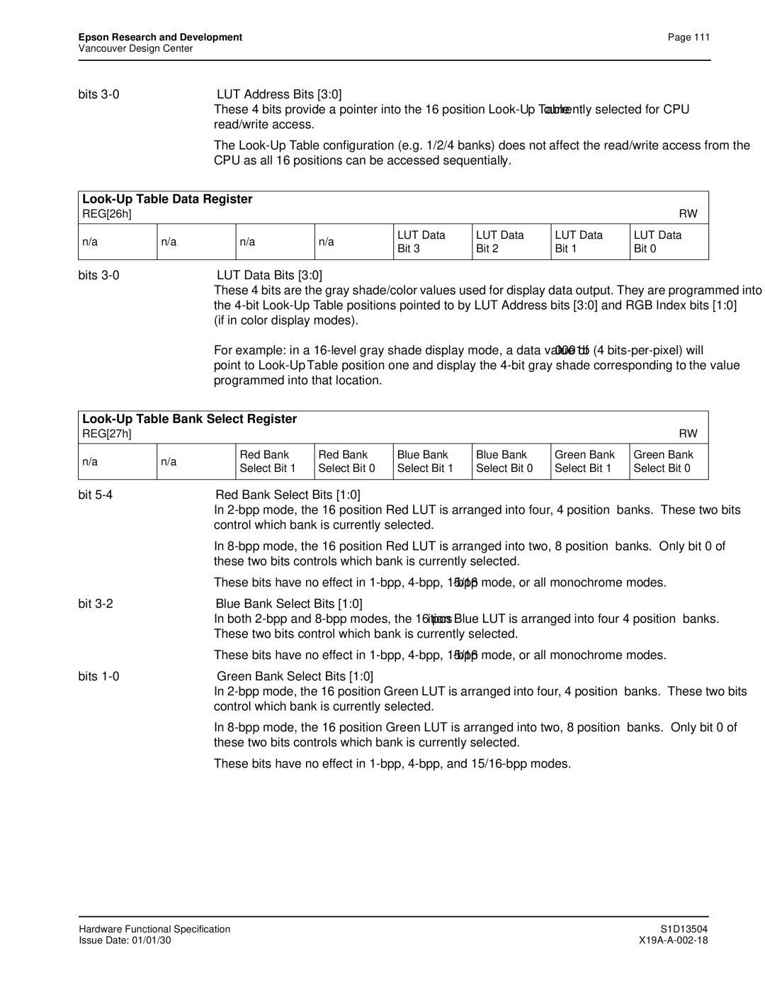 Epson S1D13504 manual Look-Up Table Data Register, Look-Up Table Bank Select Register, REG26h LUT Data Bit 