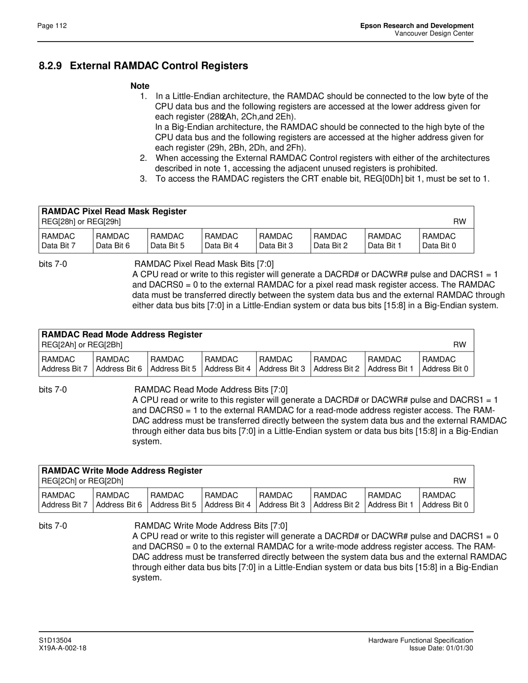 Epson S1D13504 manual External Ramdac Control Registers, Ramdac Pixel Read Mask Register, Ramdac Read Mode Address Register 