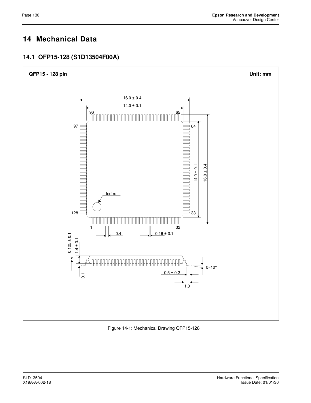 Epson manual Mechanical Data, 14.1 QFP15-128 S1D13504F00A, QFP15 128 pin Unit mm 