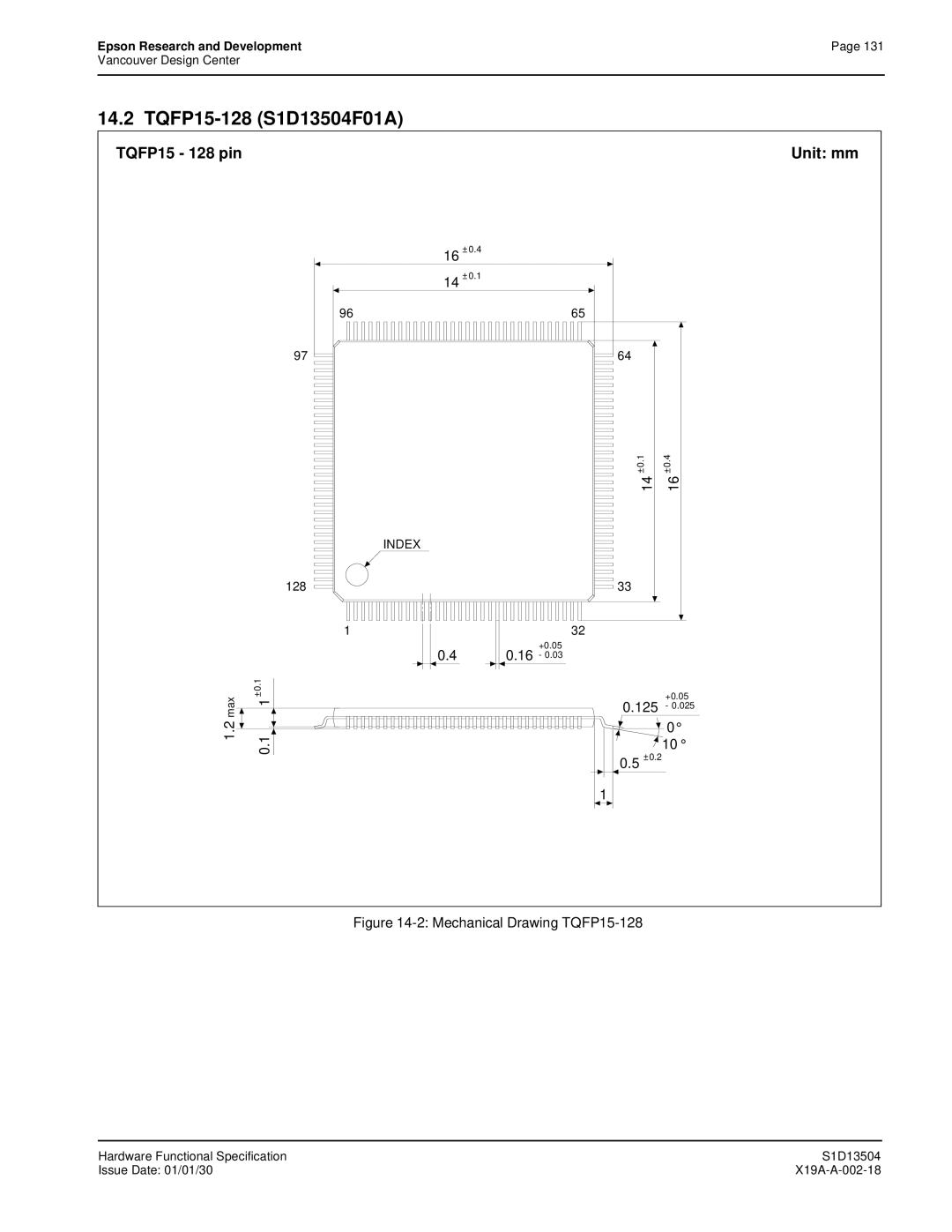 Epson manual TQFP15-128 S1D13504F01A, TQFP15 128 pin Unit mm, ±0.2 