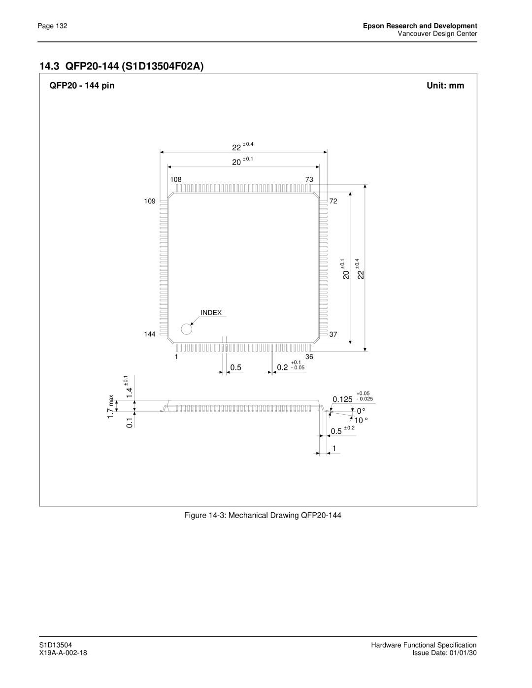 Epson manual QFP20-144 S1D13504F02A, QFP20 144 pin Unit mm, 125 