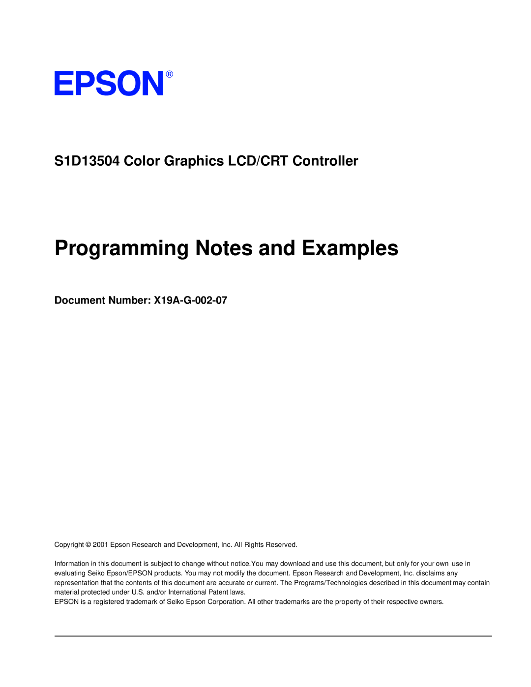 Epson S1D13504 manual Programming Notes and Examples, Document Number X19A-G-002-07 