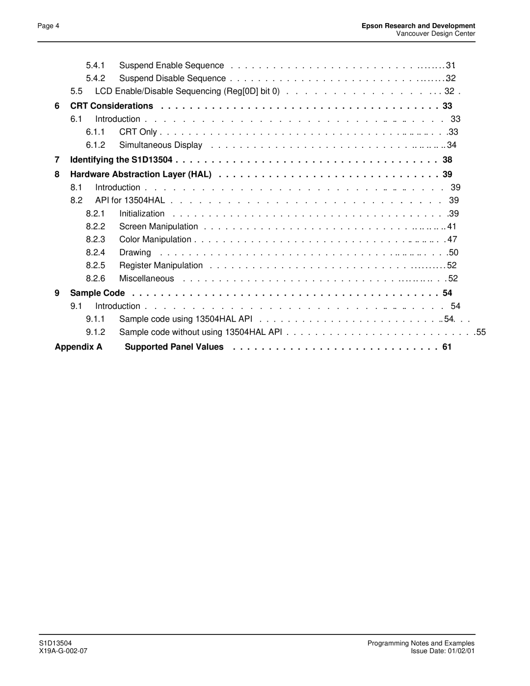 Epson manual CRT Considerations, Identifying the S1D13504 Hardware Abstraction Layer HAL, Sample Code 