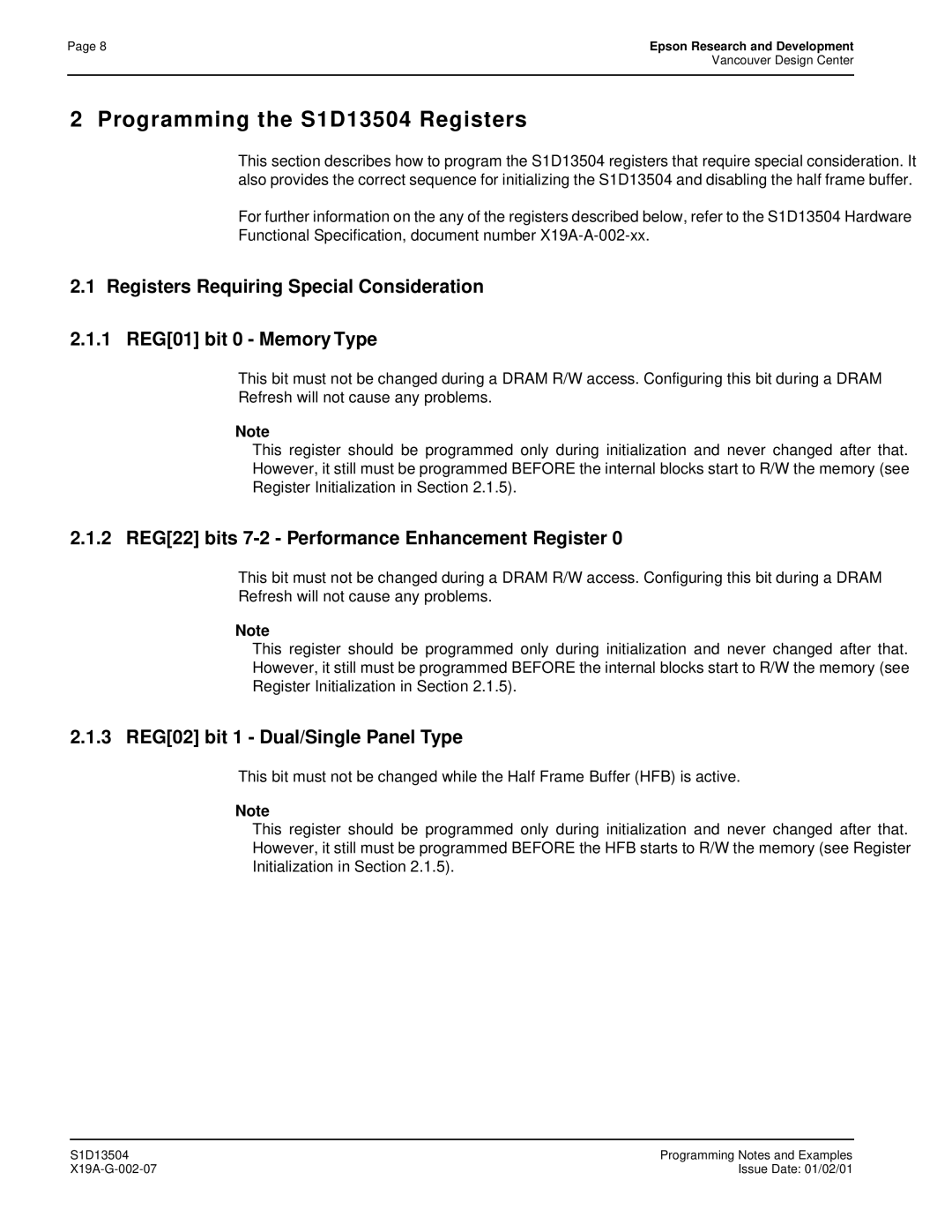 Epson manual Programming the S1D13504 Registers, 2 REG22 bits 7-2 Performance Enhancement Register 