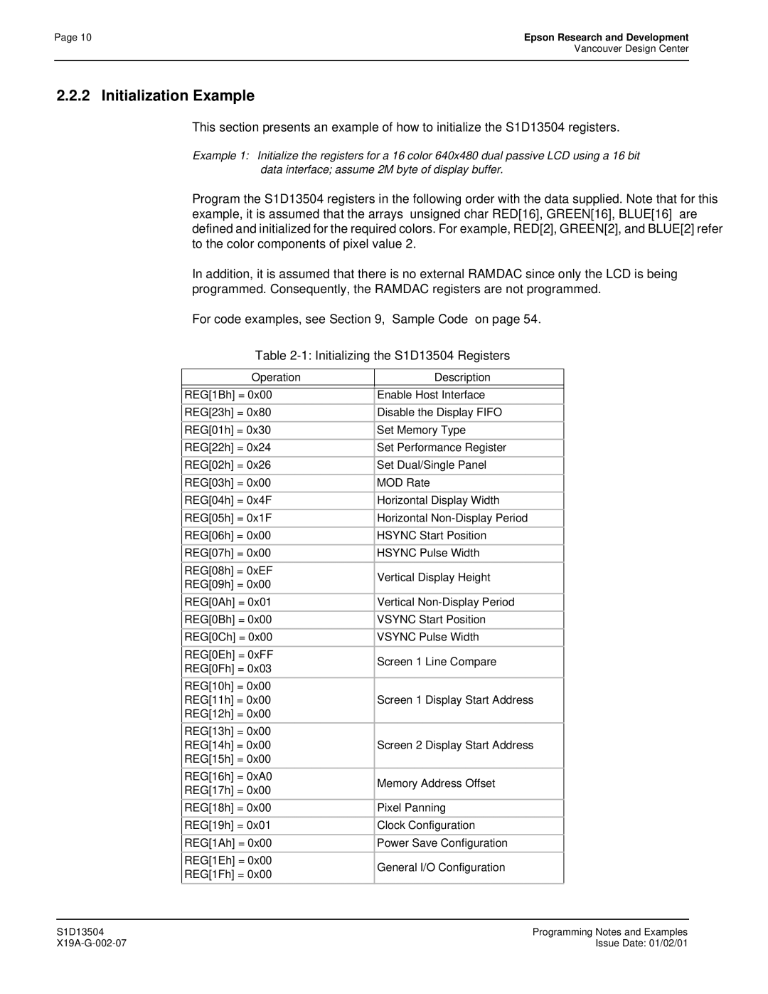 Epson manual Initialization Example, Initializing the S1D13504 Registers, Operation Description 