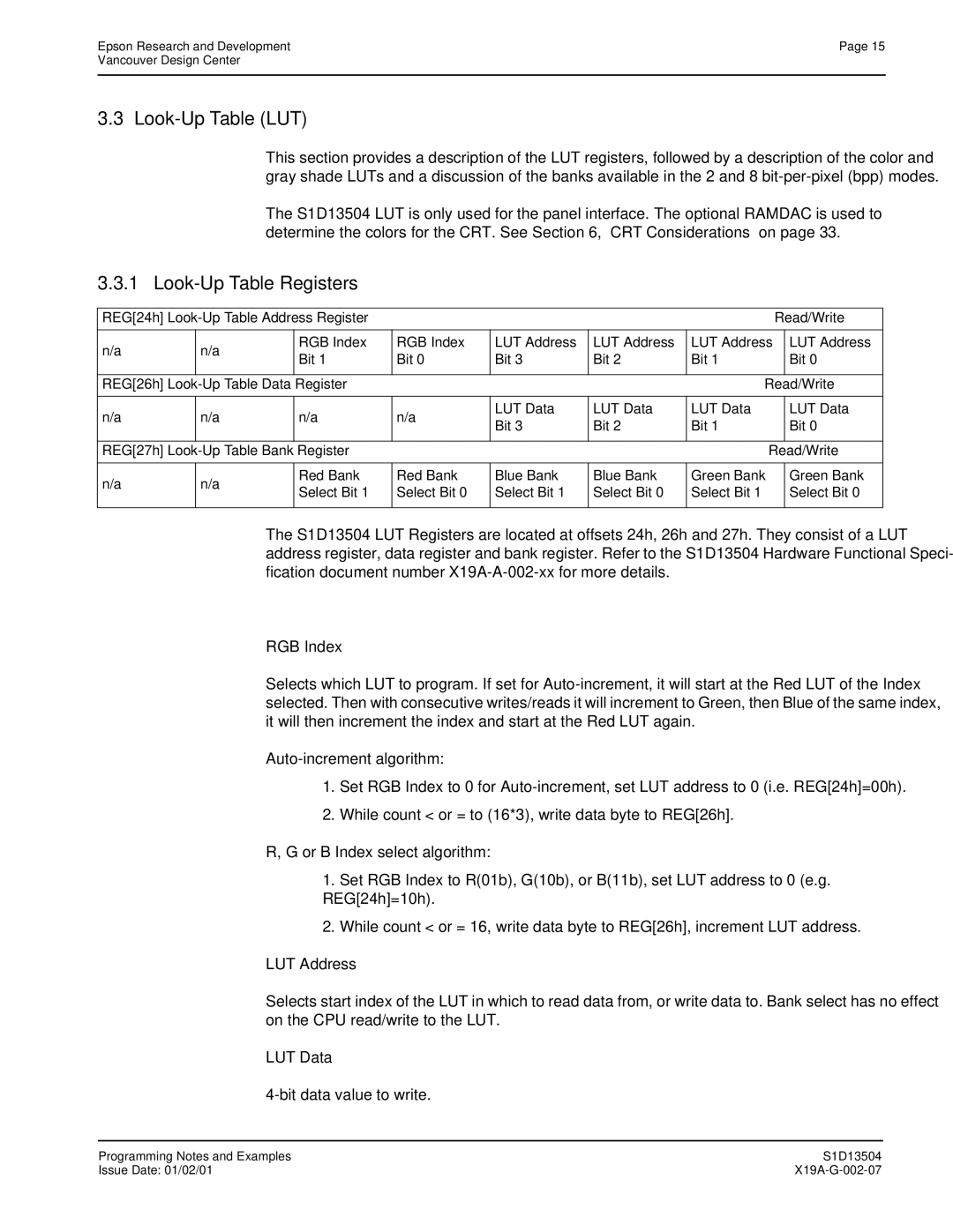 Epson S1D13504 manual Look-Up Table LUT, REG24h Look-Up Table Address Register Read/Write 