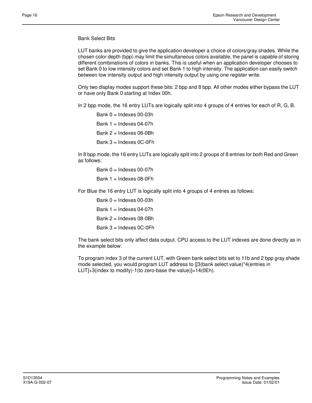 Epson S1D13504 manual Bank Select Bits 