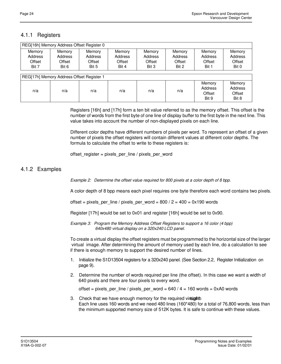 Epson S1D13504 manual Registers, Examples, REG16h Memory Address Offset Register, REG17h Memory Address Offset Register 