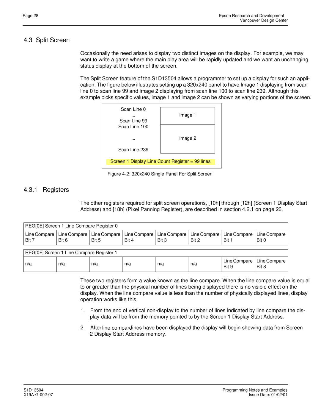 Epson S1D13504 Split Screen, REG0E Screen 1 Line Compare Register, Line Compare Bit, REG0F Screen 1 Line Compare Register 