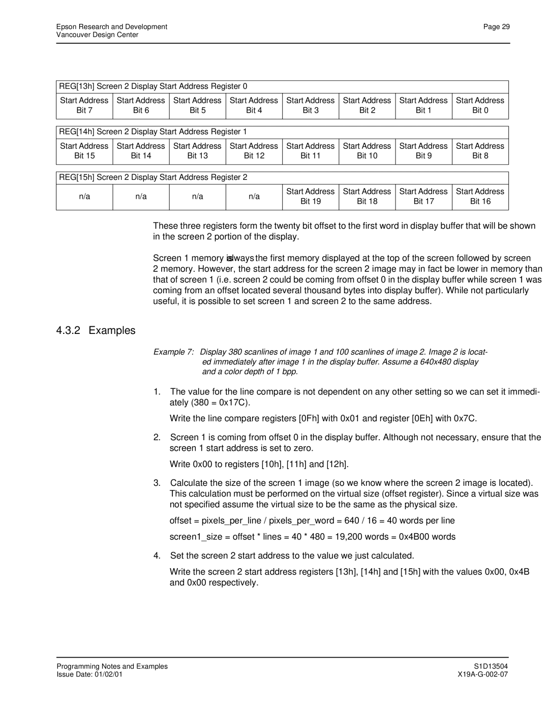 Epson S1D13504 manual REG13h Screen 2 Display Start Address Register, REG14h Screen 2 Display Start Address Register 